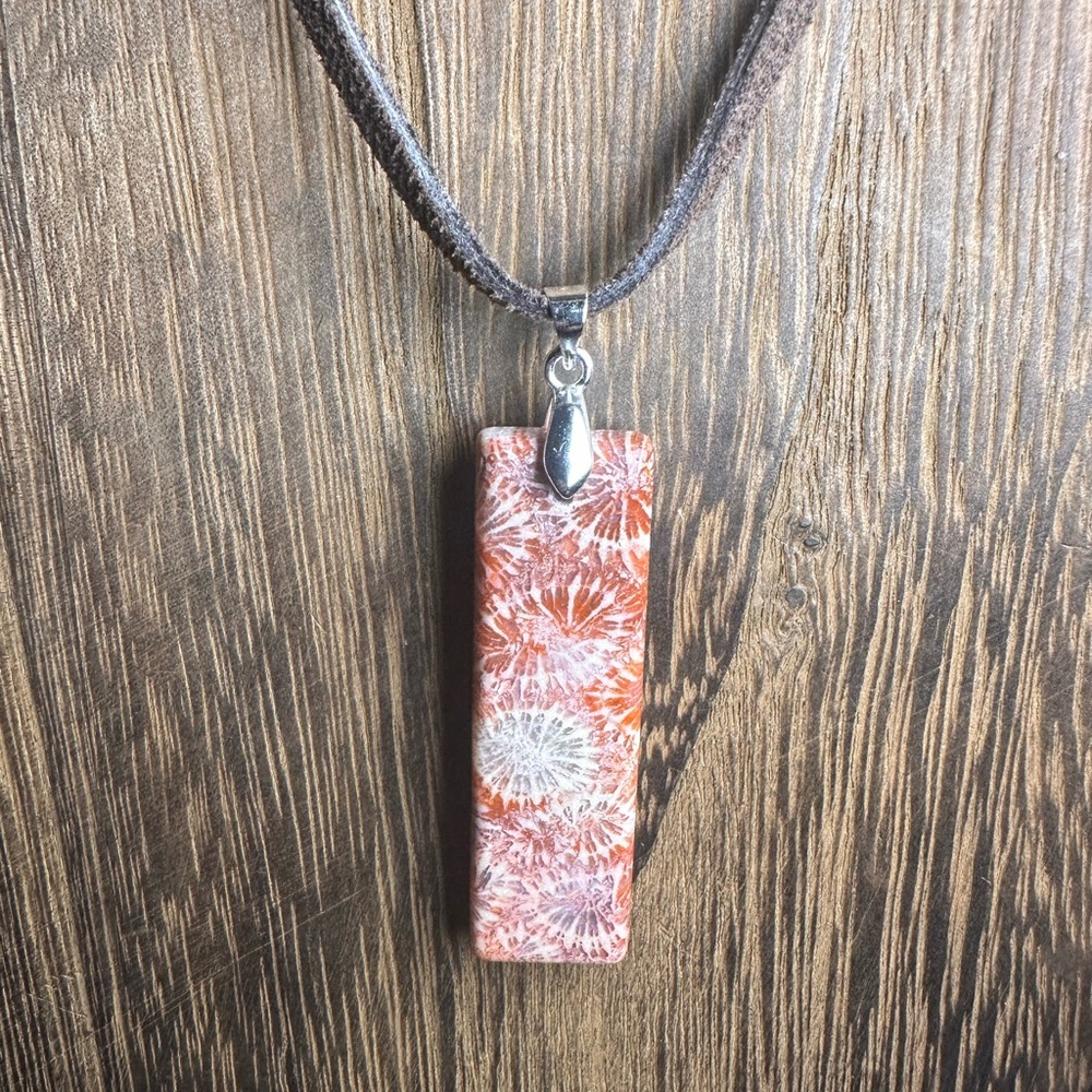 Dark Orange Coral Fossil Thin Rectangle Pendant Necklace on Brown Suede - Picture 5 of 13
